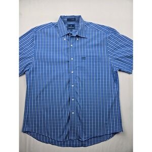 Hathaway Men's Medium Blue Plaid Short Sleeve Button Down‎ Shirt 100% Cotton